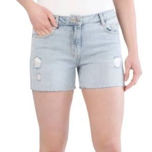 Avec Les Filles destructed Sun washed blue denim shorts. NWT